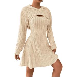 imageMakeMeChic Womens Two Piece Outfits Rib Knit Hooded Long Sleeve Crop Top and Flared Short Tank Dress SetApricot