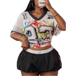 imageMakeMeChic Womens V Neck Jersey Shirt Number Print Short Sleeve Summer Streetwear Tee Tops