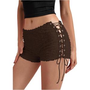 imageMakeMeChic Womens Y2K Ruffle Lace Up Micro Shorts Low Rise Rave Party Mini ShortsBrown