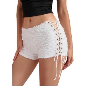 imageMakeMeChic Womens Y2K Ruffle Lace Up Micro Shorts Low Rise Rave Party Mini ShortsWhite