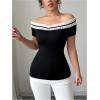 imageMakeMeChic Womens Casual Contrast Lace Ruffled Short Sleeve Off The Shoulder Tops TShirtBlack