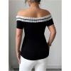 imageMakeMeChic Womens Casual Contrast Lace Ruffled Short Sleeve Off The Shoulder Tops TShirtBlack