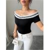 imageMakeMeChic Womens Casual Contrast Lace Ruffled Short Sleeve Off The Shoulder Tops TShirtBlack