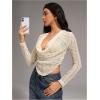 imageMakeMeChic Womens Casual Fall Tops Lace Draped Front Tee Shirt Long Sleeve Y2k Crop TopsApricot