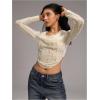 imageMakeMeChic Womens Casual Fall Tops Lace Draped Front Tee Shirt Long Sleeve Y2k Crop TopsApricot