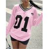 imageMakeMeChic Womens Jersey Shirts Y2k Oversized Graphic T Shirt Y2k Tops Number Tees V Neck Long Streetwear TopsPink
