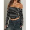 imageMakeMeChic Womens Striped Off The Shoulder Tops Long Sleeve Fitted Y2K T Shirt TopGrey