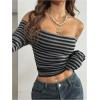 imageMakeMeChic Womens Striped Off The Shoulder Tops Long Sleeve Fitted Y2K T Shirt TopGrey