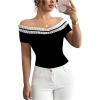 imageMakeMeChic Womens Casual Contrast Lace Ruffled Short Sleeve Off The Shoulder Tops TShirtBlack