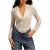 imageMakeMeChic Womens Casual Fall Tops Lace Draped Front Tee Shirt Long Sleeve Y2k Crop TopsApricot