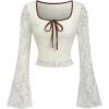 imageMakeMeChic Womens Floral Lace Bell Sleeve Bow Blouse Top Square Neck Crop TopsApricot