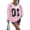 imageMakeMeChic Womens Jersey Shirts Y2k Oversized Graphic T Shirt Y2k Tops Number Tees V Neck Long Streetwear TopsPink