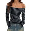 imageMakeMeChic Womens Striped Off The Shoulder Tops Long Sleeve Fitted Y2K T Shirt TopGrey