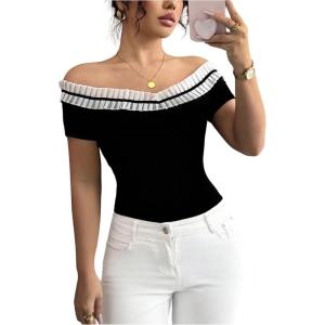 imageMakeMeChic Womens Casual Contrast Lace Ruffled Short Sleeve Off The Shoulder Tops TShirtBlack