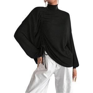 imageMakeMeChic Womens Casual Oversized Mock Neck Drawstring Dolman Sleeve Ruched Tee Top Loose T Shirt Black XLarge