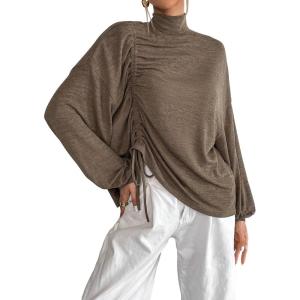 imageMakeMeChic Womens Casual Oversized Mock Neck Drawstring Dolman Sleeve Ruched Tee Top Loose T Shirt Mocha Brown Medium