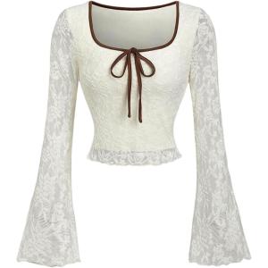 imageMakeMeChic Womens Floral Lace Bell Sleeve Bow Blouse Top Square Neck Crop TopsApricot