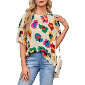 imageMakeMeChic Womens Floral Tee Shirts Short Sleeve Crew Neck Y2K Summer Loose T Shirt TopApricot