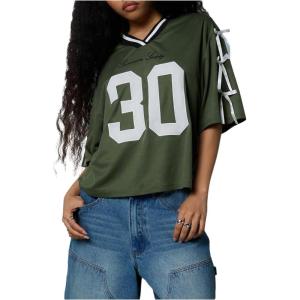 imageMakeMeChic Womens Number Print V Neck Jersey Shirt Short Sleeve Knot Side Tee Tops