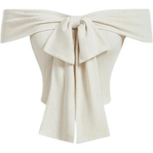 imageMakeMeChic Womens Off The Shoulder Bow Knot Rib Knitted Slim Fit Tee Shirt Crop Tops