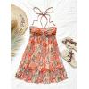 imageMakeMeChic Womens Paisley Print Ruched Halter Mini Dress Ruffle Tiered A Line Boho DressesOrange