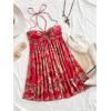 imageMakeMeChic Womens Paisley Print Ruched Halter Mini Dress Ruffle Tiered A Line Boho DressesRed