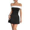 imageMakeMeChic Womens Summer Off The Shoulder Short Dress Prom Ruched A Line Cocktail DressesBlack and White