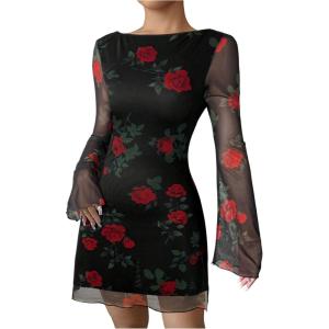 imageMakeMeChic Womens Cheetah Print Mini Dress Y2k Bell Sleeve Leopard Print Dress Going Out OutfitsBlack Heart Print