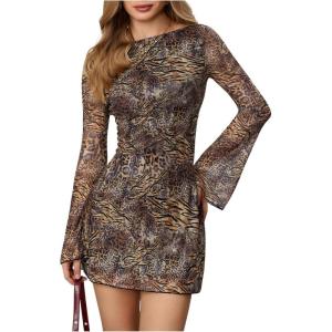 imageMakeMeChic Womens Cheetah Print Mini Dress Y2k Bell Sleeve Leopard Print Dress Going Out OutfitsBrown Tiger Print