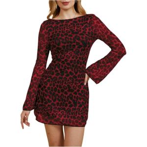 imageMakeMeChic Womens Cheetah Print Mini Dress Y2k Bell Sleeve Leopard Print Dress Going Out OutfitsRed