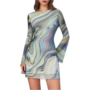 imageMakeMeChic Womens Cheetah Print Mini Dress Y2k Bell Sleeve Leopard Print Dress Going Out OutfitsTie Dye Green