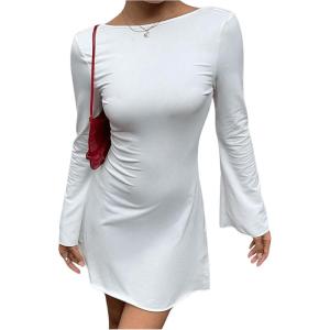 imageMakeMeChic Womens Cheetah Print Mini Dress Y2k Bell Sleeve Leopard Print Dress Going Out OutfitsWhite B