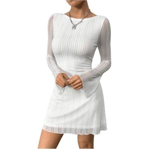 imageMakeMeChic Womens Cheetah Print Mini Dress Y2k Bell Sleeve Leopard Print Dress Going Out OutfitsWhite Striped