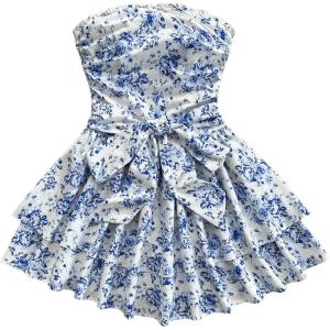 imageMakeMeChic Womens Ditsy Floral Bandeau Ruffle Tiered Shirred Bow Knot A Line Mini DressBlue and White