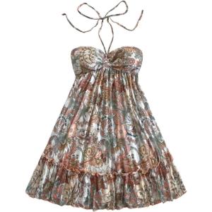 imageMakeMeChic Womens Paisley Print Ruched Halter Mini Dress Ruffle Tiered A Line Boho DressesKhaki