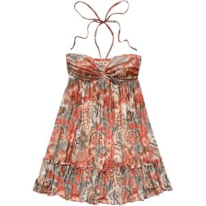 imageMakeMeChic Womens Paisley Print Ruched Halter Mini Dress Ruffle Tiered A Line Boho DressesOrange