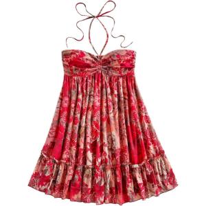 imageMakeMeChic Womens Paisley Print Ruched Halter Mini Dress Ruffle Tiered A Line Boho DressesRed