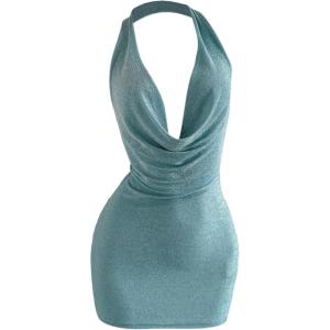 imageMakeMeChic Womens Sexy Halter Mini Dress Sparkly Backless Cowl Neck Bodycon Going Out DressesBlue