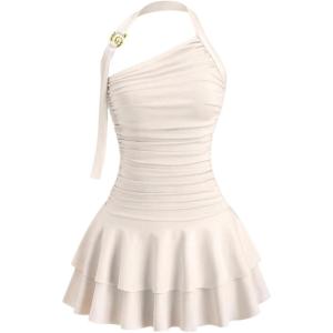 imageMakeMeChic Womens Y2k Halter Mini Dress Backless Ruffle Short Going Out DressApricot