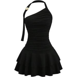 imageMakeMeChic Womens Y2k Halter Mini Dress Backless Ruffle Short Going Out DressBlack