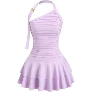 imageMakeMeChic Womens Y2k Halter Mini Dress Backless Ruffle Short Going Out DressLilac Purple