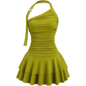 imageMakeMeChic Womens Y2k Halter Mini Dress Backless Ruffle Short Going Out DressOlive Green