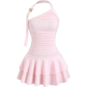imageMakeMeChic Womens Y2k Halter Mini Dress Backless Ruffle Short Going Out DressPink