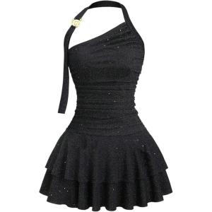 imageMakeMeChic Womens Y2k Halter Mini Dress Backless Ruffle Short Going Out DressSparkly Black