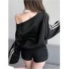 imageMakeMeChic Womens Casual Striped Shirt Off the Shoulder Top Sweatshirt Long Sleeve Y2K Pullover Top Black XLarge