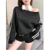imageMakeMeChic Womens Casual Striped Shirt Off the Shoulder Top Sweatshirt Long Sleeve Y2K Pullover Top Black XLarge