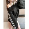 imageMakeMeChic Womens Casual Striped Shirt Off the Shoulder Top Sweatshirt Long Sleeve Y2K Pullover Top Black XLarge