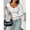 imageMakeMeChic Womens Cherry Print Long Sleeve Square Neck Bow Lace Trim Tee Shirt TopsWhite