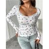 imageMakeMeChic Womens Cherry Print Long Sleeve Square Neck Bow Lace Trim Tee Shirt TopsWhite