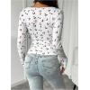 imageMakeMeChic Womens Cherry Print Long Sleeve Square Neck Bow Lace Trim Tee Shirt TopsWhite